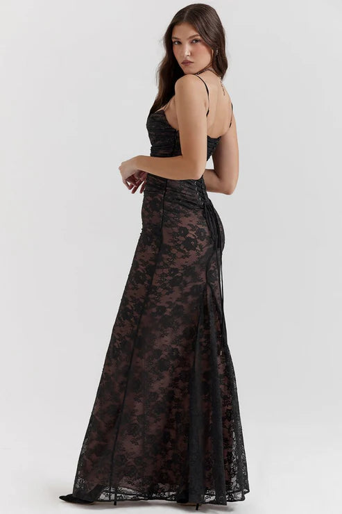 Saphira Shoulder-On Floral Lace Maxi Dress