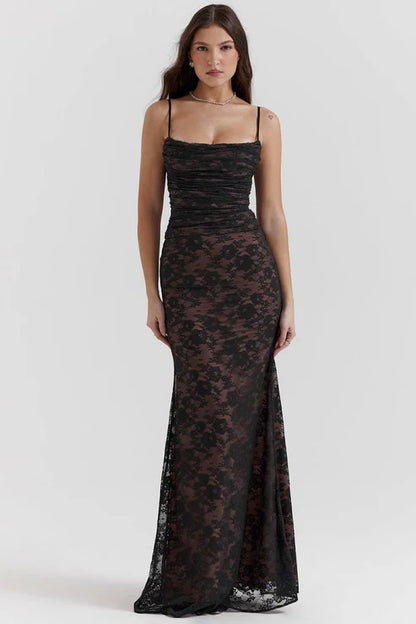 Saphira Shoulder-On Floral Lace Maxi Dress
