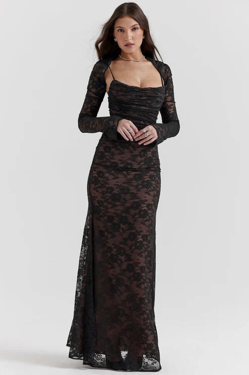 Saphira Shoulder-On Floral Lace Maxi Dress