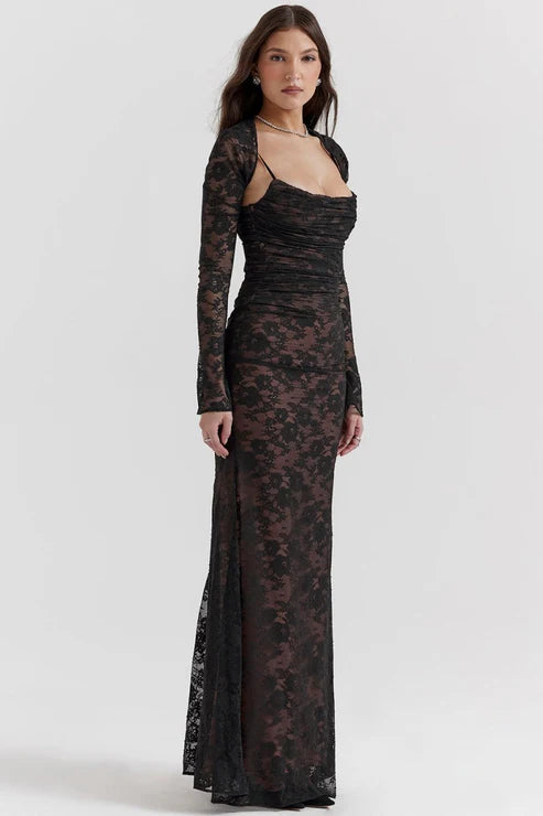 Saphira Shoulder-On Floral Lace Maxi Dress