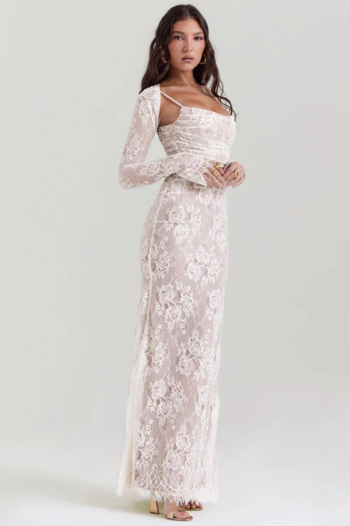 Saphira Shoulder-On Floral Lace Maxi Dress