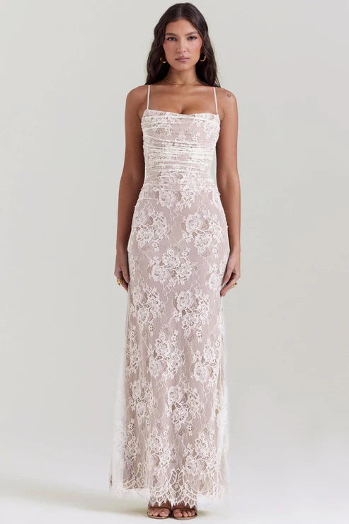 Saphira Shoulder-On Floral Lace Maxi Dress