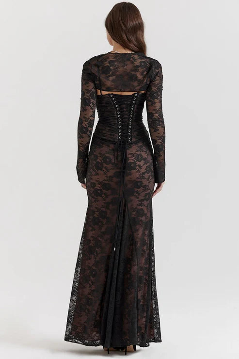 Saphira Shoulder-On Floral Lace Maxi Dress