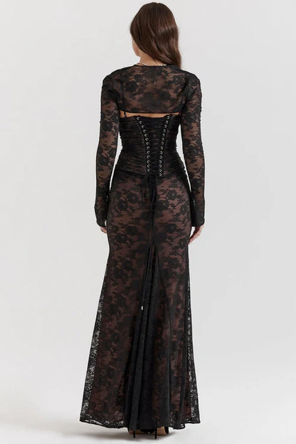Saphira Shoulder-On Floral Lace Maxi Dress
