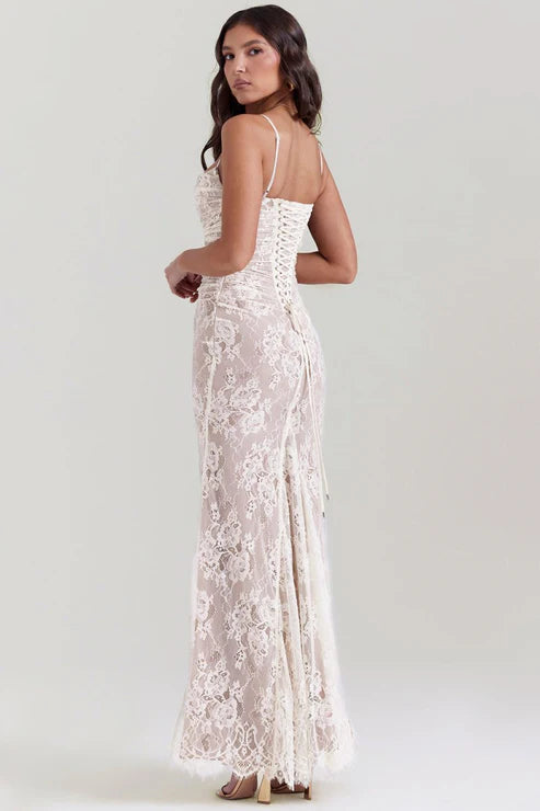Saphira Shoulder-On Floral Lace Maxi Dress