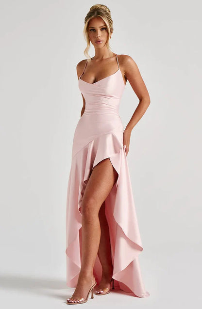 Astraéa Ruffle Satin Maxi Dress