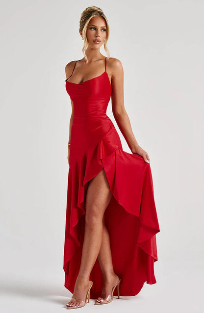 Astraéa Ruffle Satin Maxi Dress